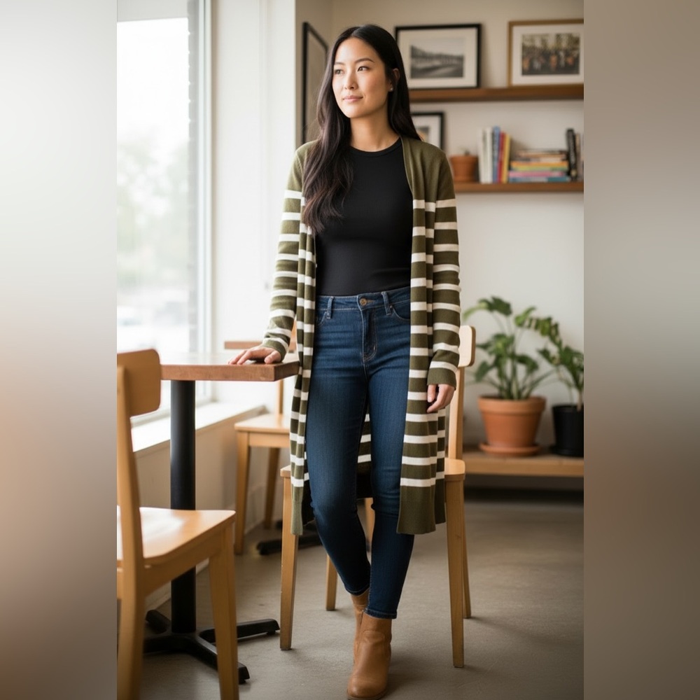 Linen Striped Olive Green Duster Cardigan (Size M)